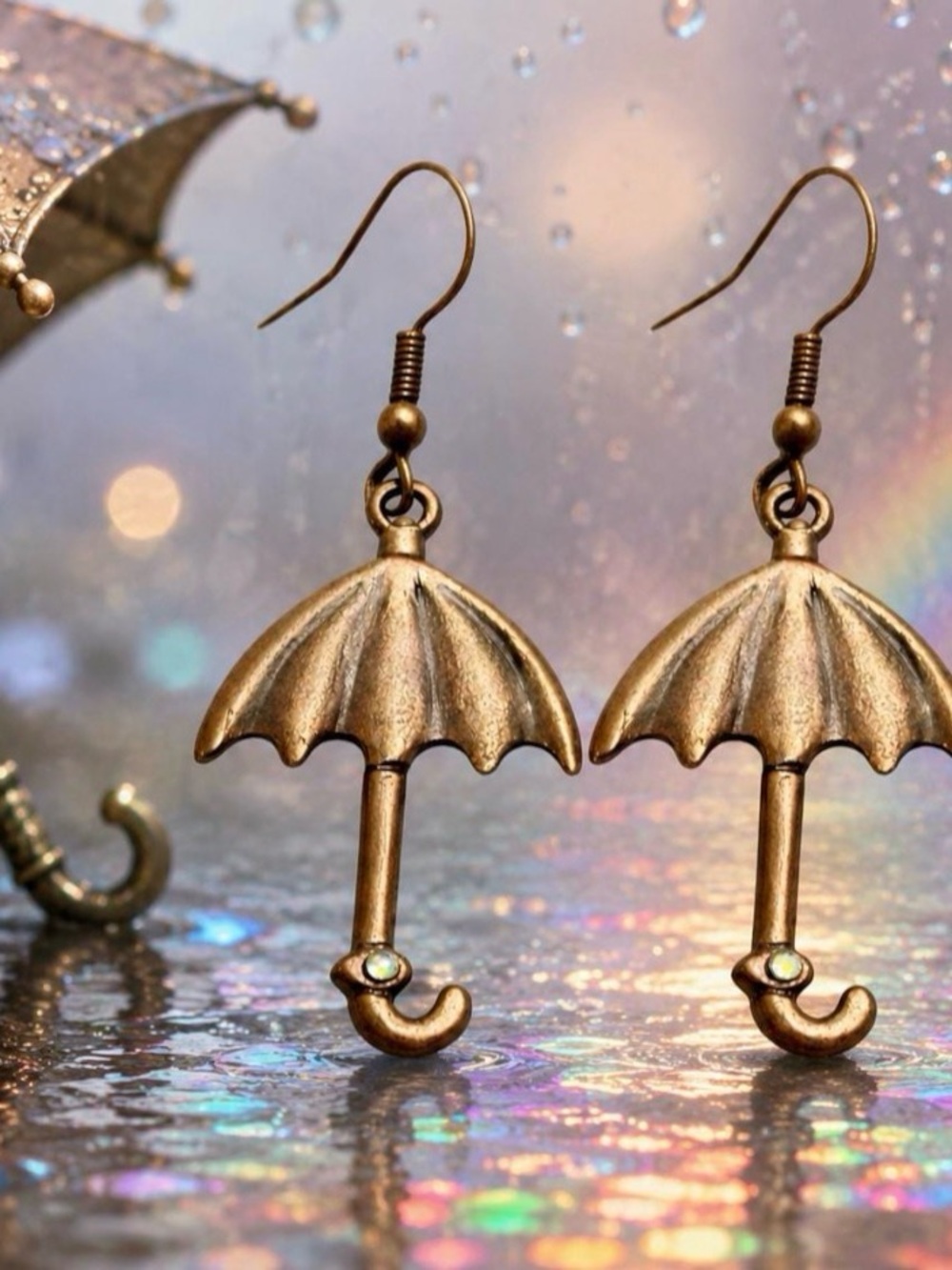 Whimsical Umbrella Earrings | Bronze Dangle | Rhinestone Detail | Gift for Her